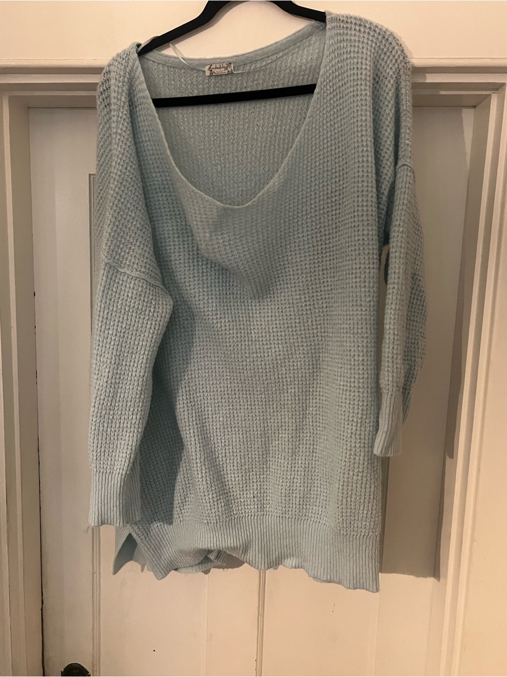 Free People Pale Blue Off-the-Shoulder Waffle Knit Sweater